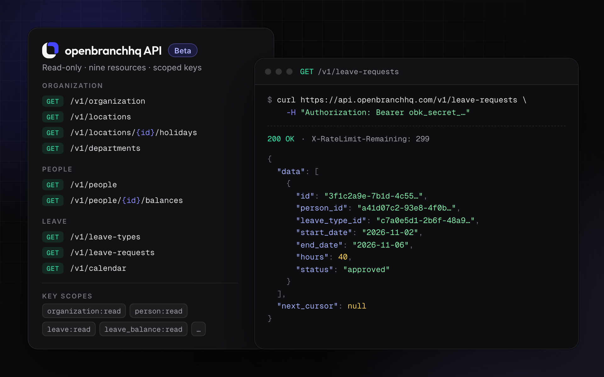 The API's read-only endpoints beside a request for leave requests and its JSON response